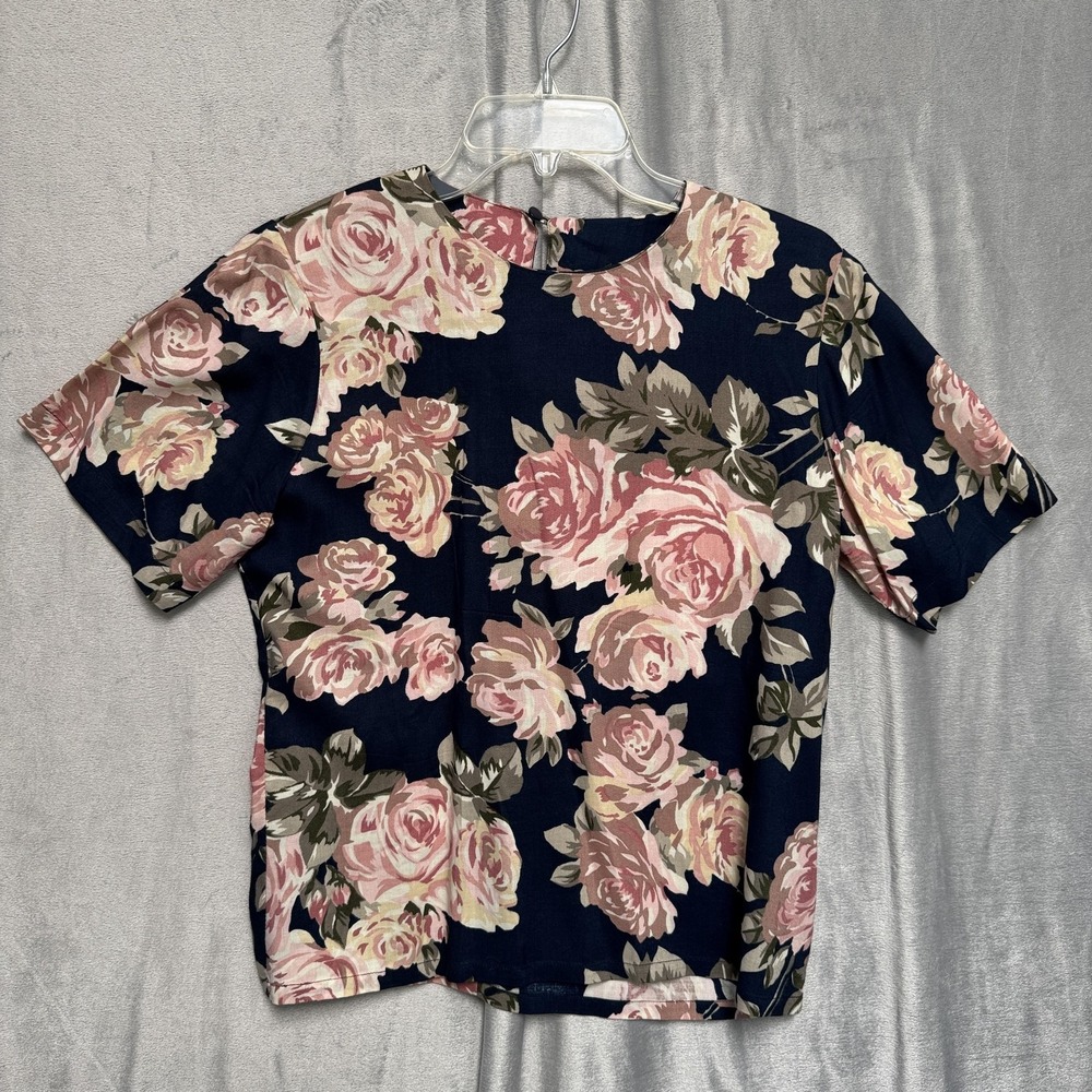 Sag Harbor Petite Shirt Womens 6P Navy Pink Rose Floral Short Sleeve Crewneck